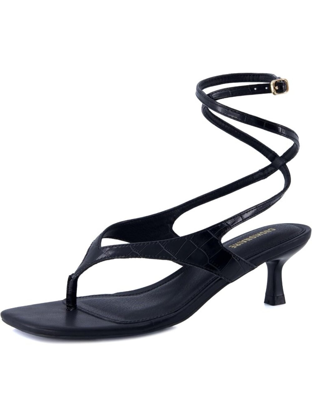 Women’s Black Ankle Wrap Heel Sandals Strappy Faux Leather Thong w/ Kitten Heels